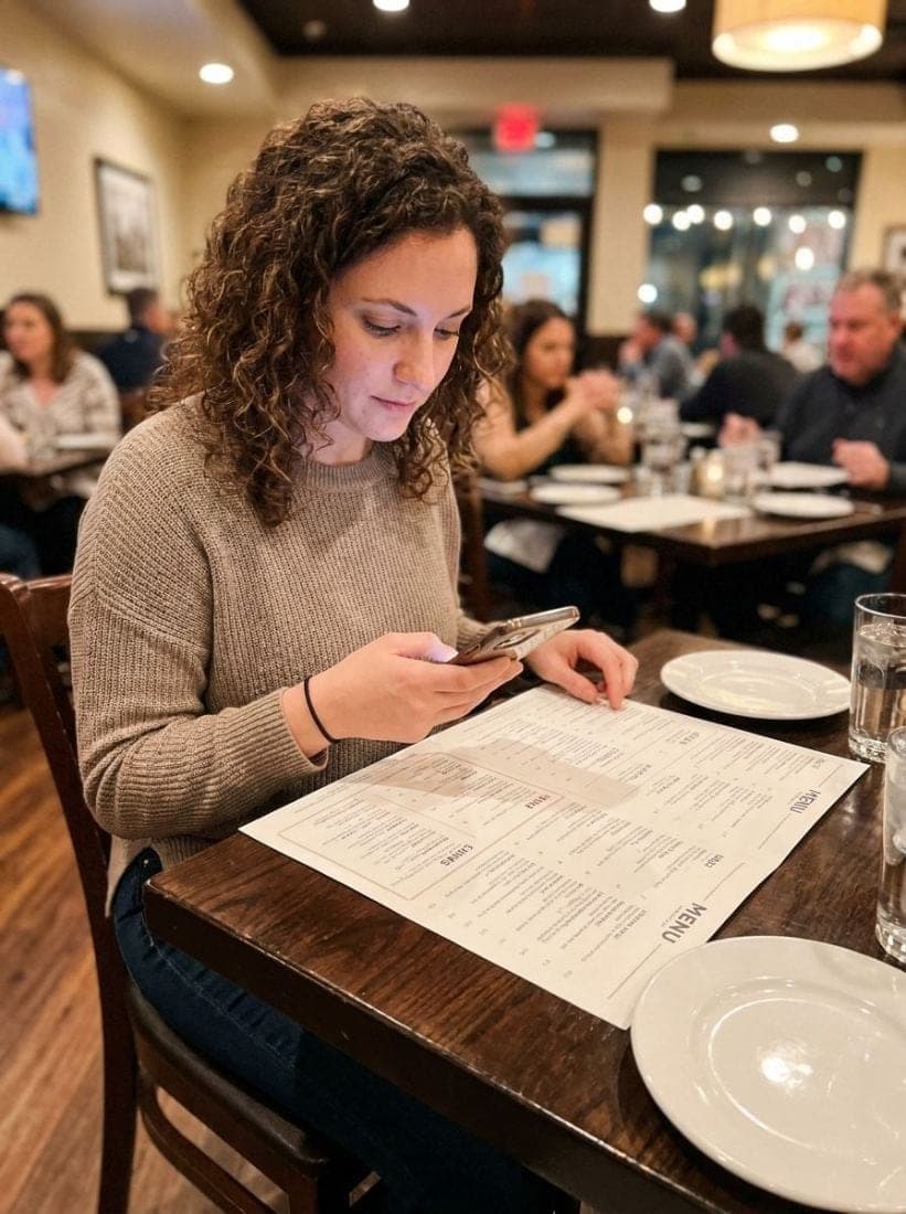 Woman at a restaurant table, phone in hand, menu open